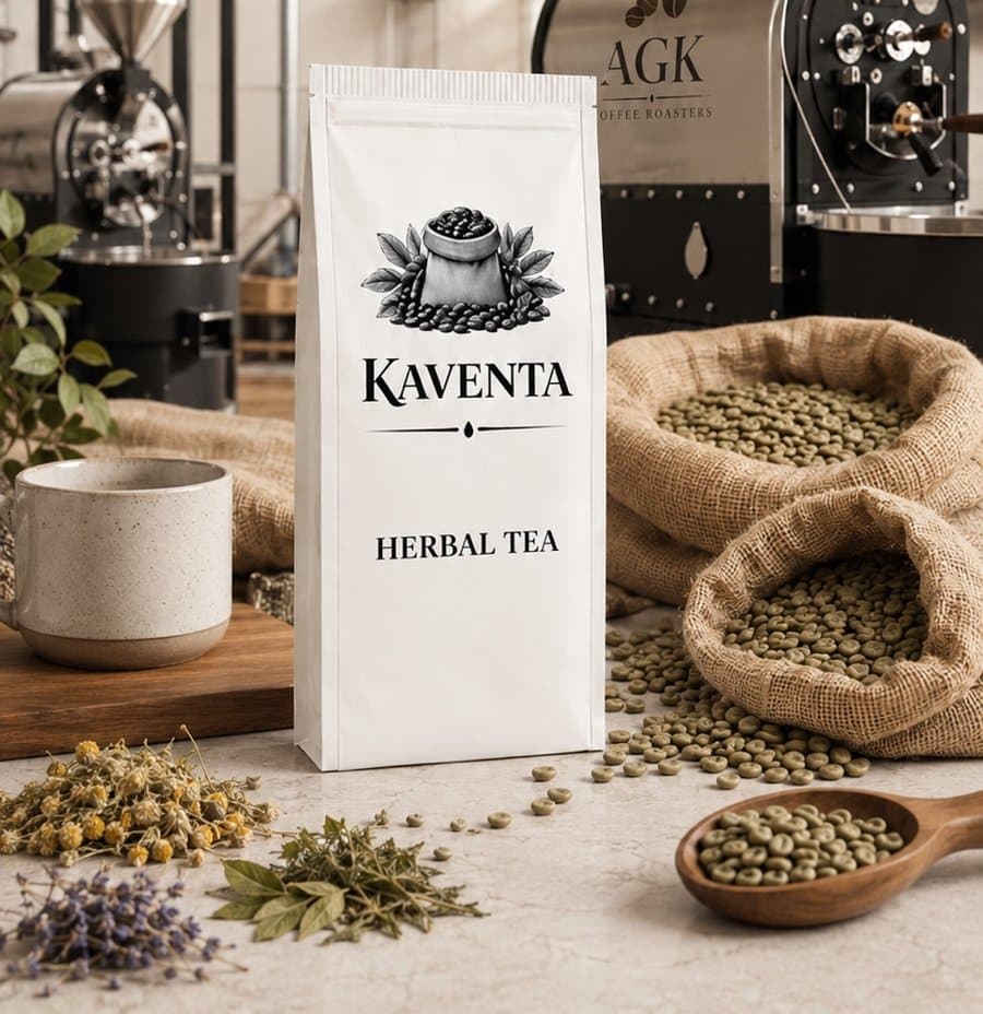 Kaventa Bitki Çayı paketi, kurutulmuş bitkiler ve kavurma tesisinde