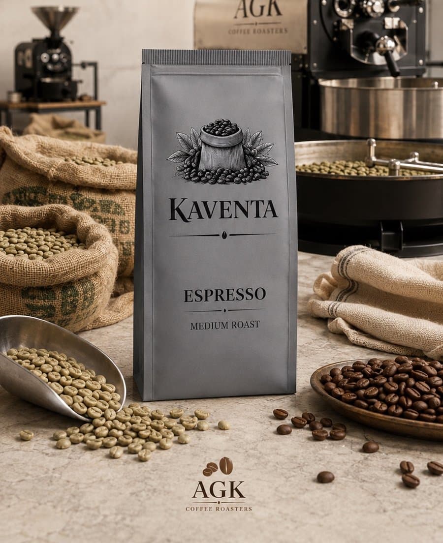 Kaventa Espresso paketi, kavurma tesisinde çekirdekler ve fincan eşliğinde
