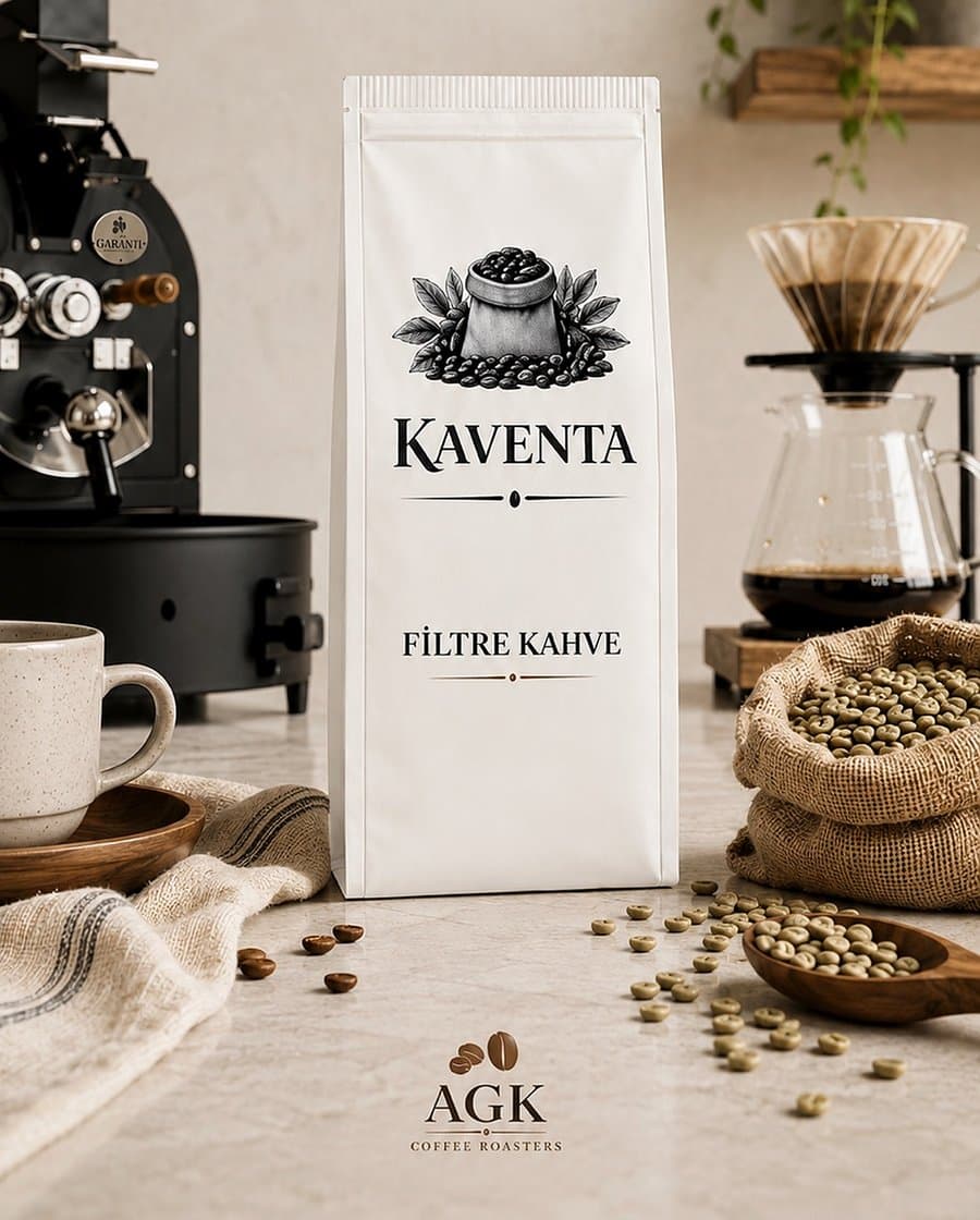 Kaventa Filtre Kahve paketi, yeşil kahve çuvalları ve kavurma tesisinde